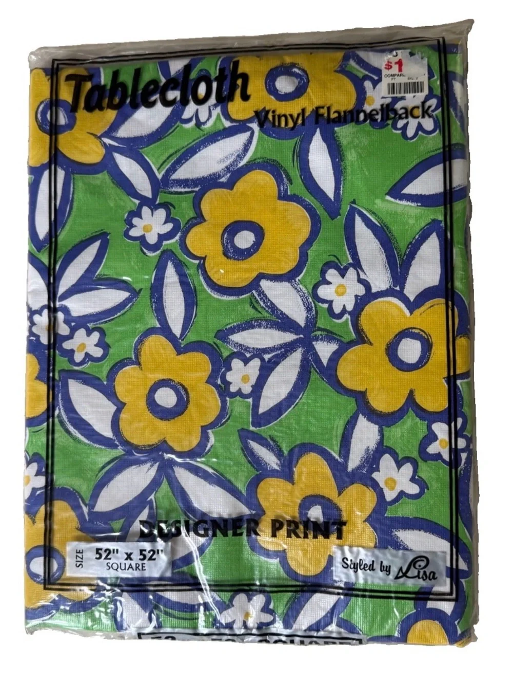 Vtg 70s 80s styled by Lisa NOS blue yellow green Floral Vinyl tablecloth square